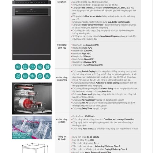 Máy rửa bát GrandX SMS8GX86G – Rửa sạch, sấy khô 1 Tính năng , thông số máy rửa bát Grandx SMS8GX86G