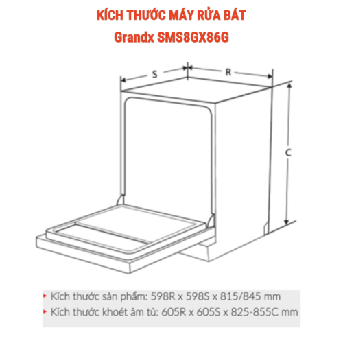 Kích thước máy rửa bát bán âm 16 bộ Grandx SMI8GX68 Kích thước máy rửa bát Grandx SMS8GX86G